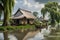 Aquatic Challenge: Village Submerged in Floodwaters - Thatched Roof Cottages Half-Covered, Villagers Navigating in Makeshift Boats