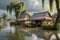 Aquatic Challenge: Village Submerged in Floodwaters - Thatched Roof Cottages Half-Covered, Villagers Navigating in Makeshift Boats