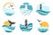 Aquatic environment logo collection. Ocean waves with whale tail in water, flying seagulls and lighthouse silhouette