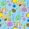 Aquatic funny sea animals underwater creatures cartoon characters shell aquarium sealife seamless pattern background