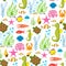 Aquatic funny sea animals underwater creatures cartoon characters shell aquarium sealife seamless pattern background