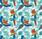Ara parrot vector seamless pattern. Tropical fabric design with leaves and birds.