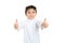 Arab 8 years old kid giving two thumbs up with big smile