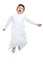 Arab boy jumping high with a big smile and open eyes, wearing white traditional Saudi Thobe and sneakers, on white isolated