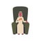 Arab business man cartoon character smiling and sitting in high chair drinking tea