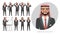 Arab business man. Male in suit experiences different emotions. Set of emotions and poses