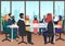 Arab business people discussing meeting modern office desk. Muslim conference flat cartoon vector Illustration.