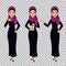 Arab business woman character in different poses on transparent background. Woman is standing and working on tablet.