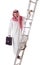 Arab businessman climbing stairs on white