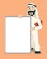 Arab businessman holding empty white banner. Vector cartoon character