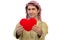 Arab businessman holds a red heart isolated background with clip