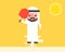 Arab Businessman using handheld fan because very hot weather under sunlight, summer theme