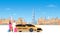 Arab Couple Sitting In Yellow Taxi Car Over Dubai City Background