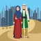 Arab couple standing in desert against skyscrapers