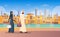 Arab Couple Walking Dubai, Modern Building Cityscape Skyline Panorama Business Travel And Tourism Concept