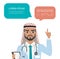 Arab doctor raising up his finger to give advice or recommendation. Hospital worker speaking with speech bubble and