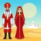 Arab fairy tale. Animation portrait of the beautiful Arabic family in ancient clothes.