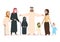 Arab family. Muslim mother and father, happy kids and elderly persons. Saudi islam cartoon vector characters