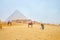 The arab family riding a camel in Giza complex, Egypt