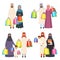 Arab family shopping. Muslim happy people male female and kids in market with bags vector cartoon characters isolated