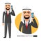 Arab happy man talking on the mobile phone vector flat isolated on white