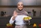 Arab Lady Cooking Standing In Kitchen, Holding Salad Gesturing OK
