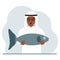A arab male fisherman holds a large fish, proud of good fishing or hunting. Hobby, fishing concept.