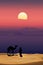 Arab man with camel walking in desert sands with sunset in evening,Vertical Scenery of sun over moutains during twilight in