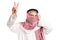 Arab man with covered face gesturing victory