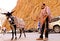 Arab man with his donkey in the river of The Todra gorges in Morocco