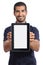 Arab man showing an app in a blank tablet screen