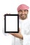 Arab man showing a tablet display app