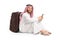 Arab man sitting near a suitcase