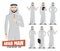 Arab man vector characters set. Arabian saudi male character isolated in white background with standing pose and gestures.