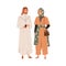 Arab man and woman in modern fashion clothes. Muslim couple portrait wearing hijab, tunic and male headwear. Arabian