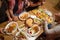 Arab men in restaurant enjoying Middle Eastern food