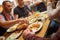 Arab men in restaurant enjoying Middle Eastern food