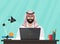 Arab muslim businessman or programmer sitting at his office Desk working with laptop. Cartoon vector Illustration.