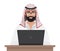 Arab muslim businessman or programmer working with laptop isolated. Cartoon vector Illustration.