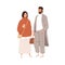 Arab Muslim couple of modern man and woman. Portrait of Arabian female in hijab and loose casual clothes and male in