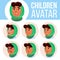 Arab, Muslim Girl Avatar Set Kid Vector. Primary School. Face Emotions. Emotions, Emotional. Friendly, Weeping. Cartoon