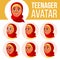 Arab, Muslim Teen Girl Avatar Set Vector. Hijab. Face Emotions. Emotional. Leisure, Smile. Cartoon Head Illustration