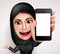 Arab muslim woman vector character holding mobile phone with blank screen