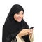 Arab saudi emirates smiling woman using a smart phone