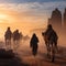 Arab travelers in the desert riding camels and horses with realistic and beautiful backgrounds