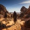 Arab travelers in the desert riding camels and horses with realistic and beautiful backgrounds