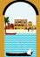 An Arab village on a beach that looks under an ancient arch in the sea.