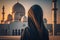 Arab woman entering a Mosque at sunset. Generative AI.