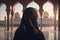 Arab woman entering a Mosque at sunset. Generative AI.