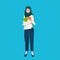 Arab woman holding fresh food vegetables paper package healthy lifestyle concept arabic female cartoon character flat